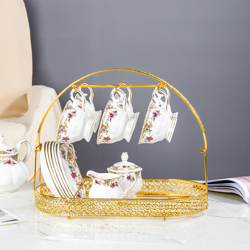 Creative 15 head coffee cup holder cup and saucer rack 2 layer European metal coffee cup holder home cup and saucer storage rack