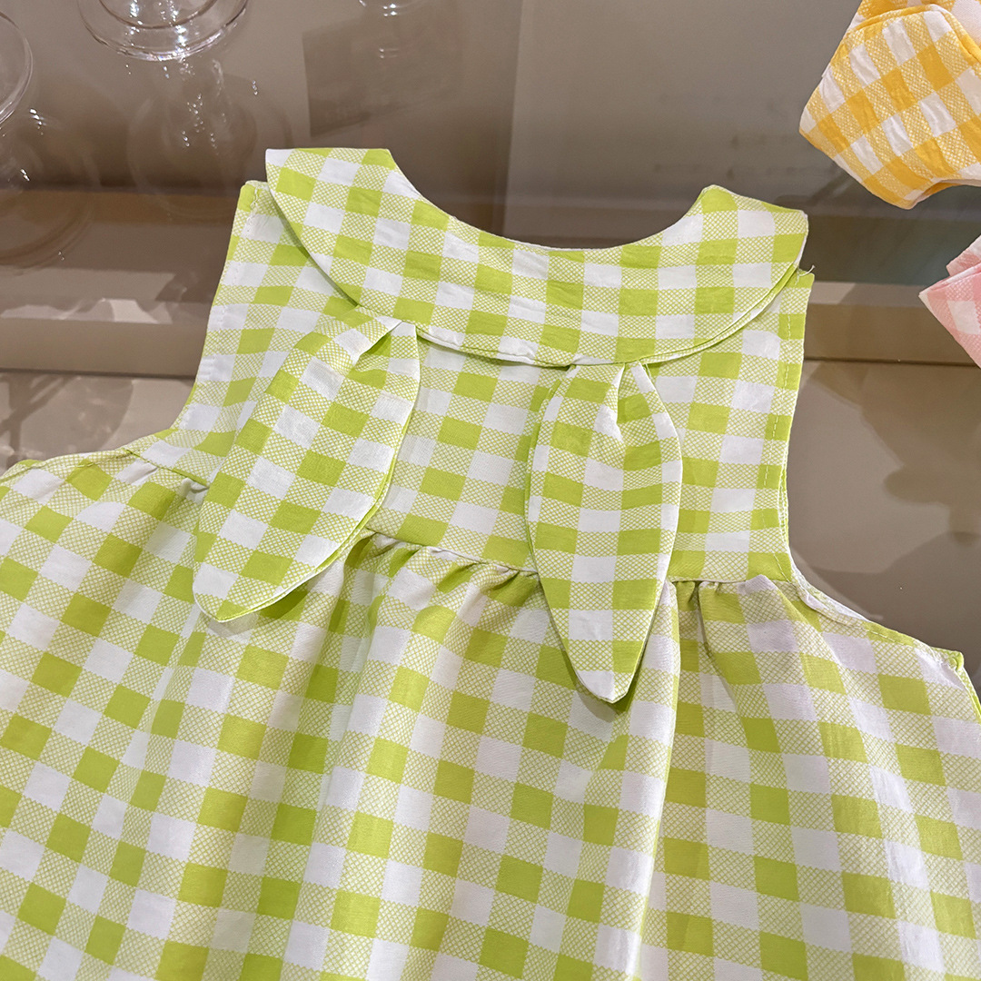 Foreign Trade Girls Doll Collar Bunny Ears Dress 2025 Summer Cute Plaid Vest Dress Bunny Princess Skirt