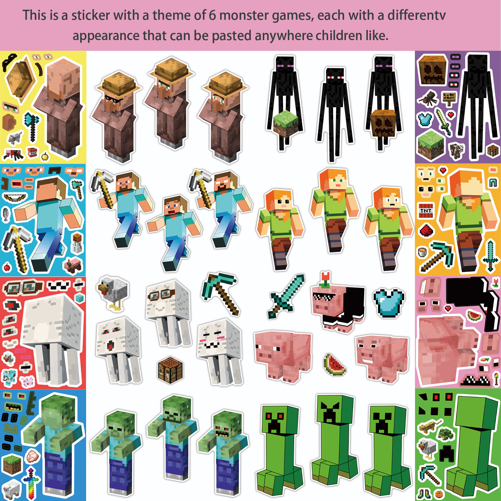 8 Pieces of Minecraft Kidsren's Face-Changing Stickers Notebook Notebook Decoration Waterproof DIY Creative Educational Stickers