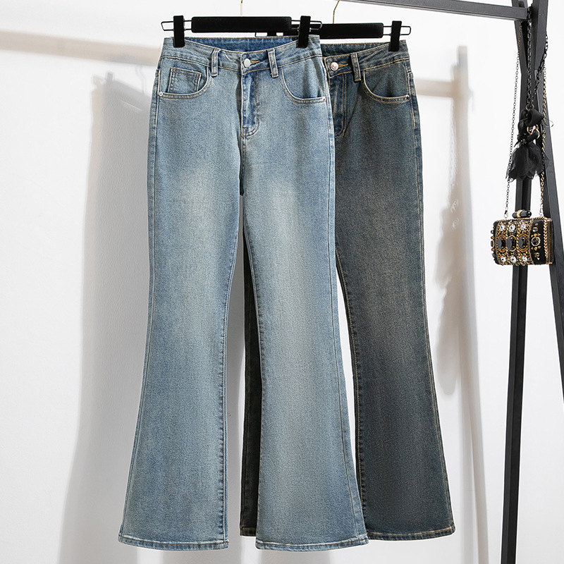 Real Shot Slim Look Micro Lar Jeans Women's Autumn New plus size chubby girl Pear Shape High Waist Elastic Horn Pants