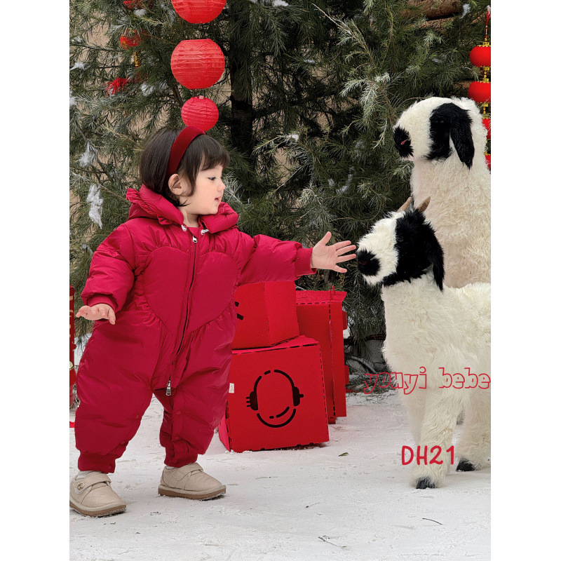 Baby down New Year's Greetings Clothes, Baby Girl's Jumpsuit, Fashionable Princess Festive New Year's Clothing, White Duck down Winter Outing Clothes