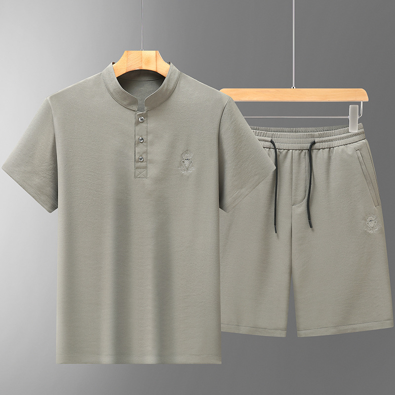 Middle-aged Men's Summer Round Neck Short-sleeved Summer T-shirt Cotton Linen Chinese Style Sports suit Ice Silk