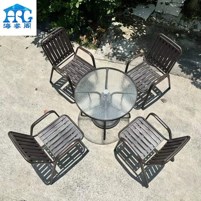 Outdoor table and chair leisure dining table and chair terrace waterproof sunscreen plastic wood chair villa garden courtyard water pattern glass table