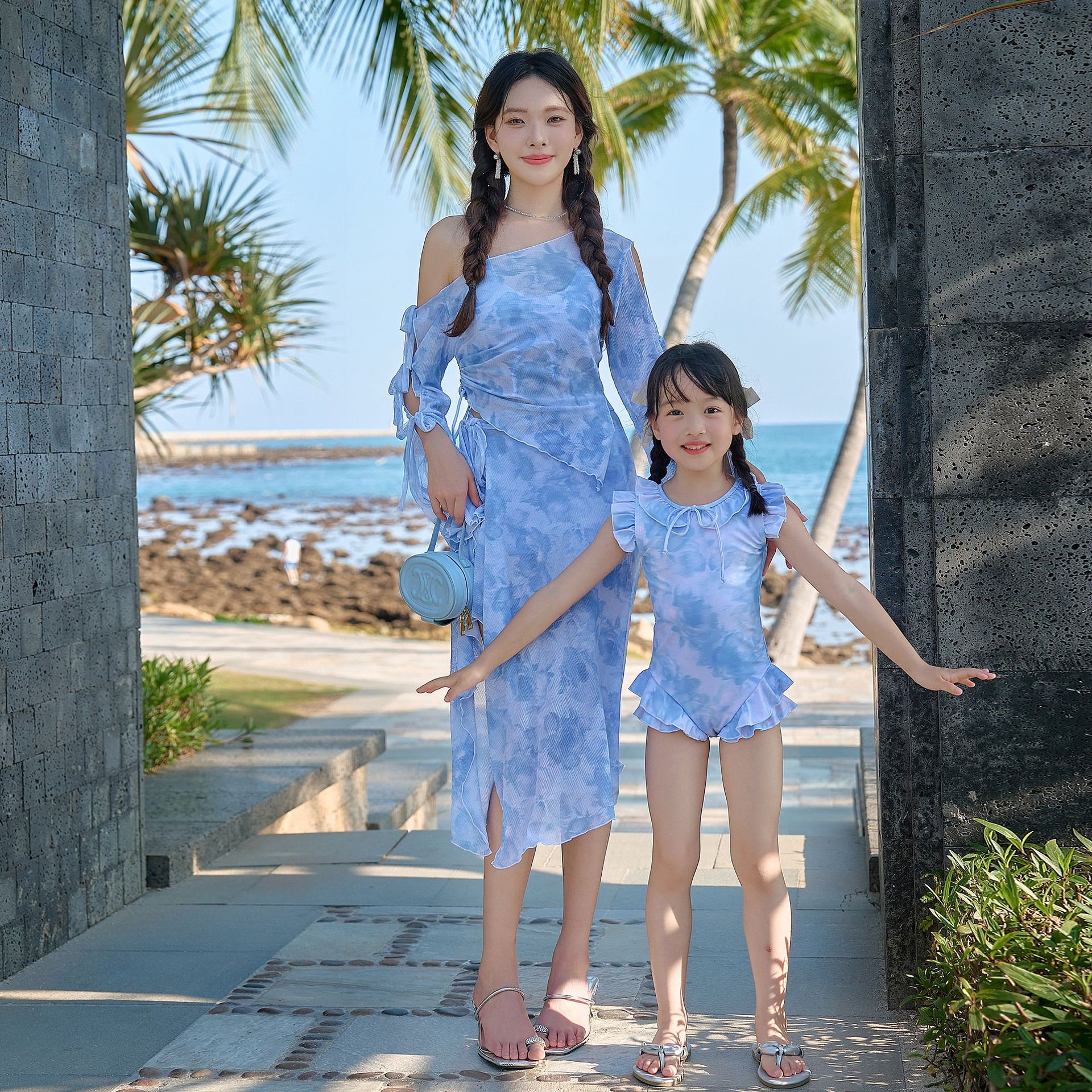 Купальник для родителей и детей, модный, с принтом, защитный от солнца, раздельный, четырехпредметный комплект