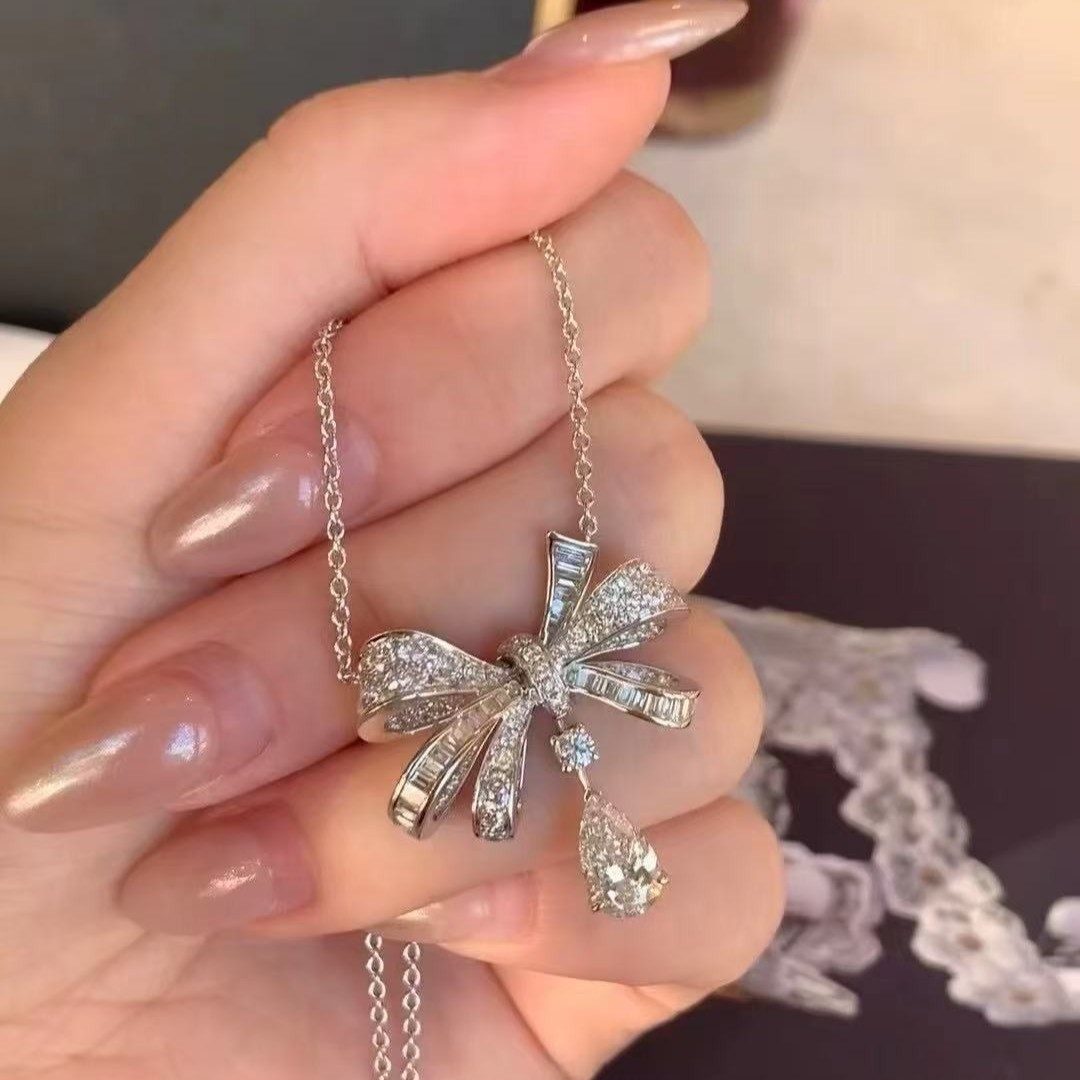 Full Diamond Zircon Bow Pendant Water Drop Simple Elegant Versatile Necklace Women's Clavicle Chain Neck Chain Simple Zircon Pendant