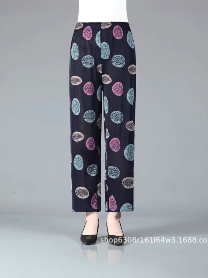 Middle-aged and old women's clothing ice silk mother pants loose plus size bloomers high waist cropped leggings flower pants summer special price