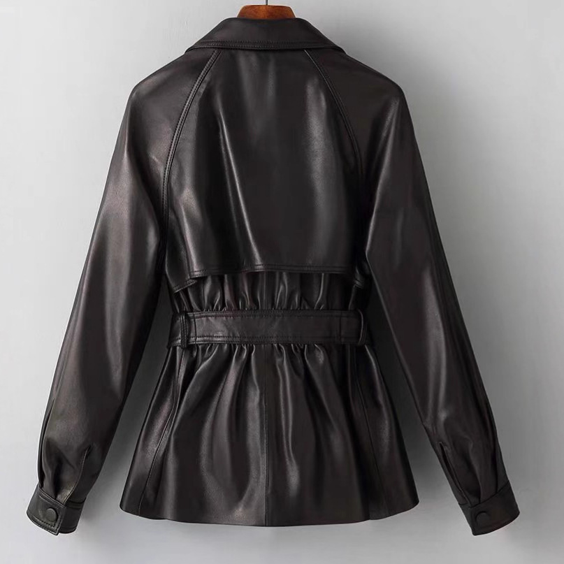 Low-Priced Spring and Autumn Haining Suit Collar Leather Jacket with Tie, Waist-Cinching, Slimming, Korean Style, British Trench Coat for Women