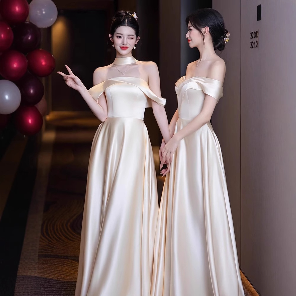 Sister Group High-end Bridesmaid Dress 2025 New Simple Satin Champagne Dress Women's Summer Wear