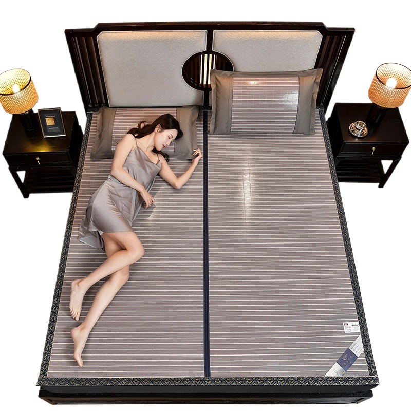 Summer Mat Bamboo Mat New Student Dormitory Single Winter and Summer Dual-Use Mat Folding Gray Striped Mat