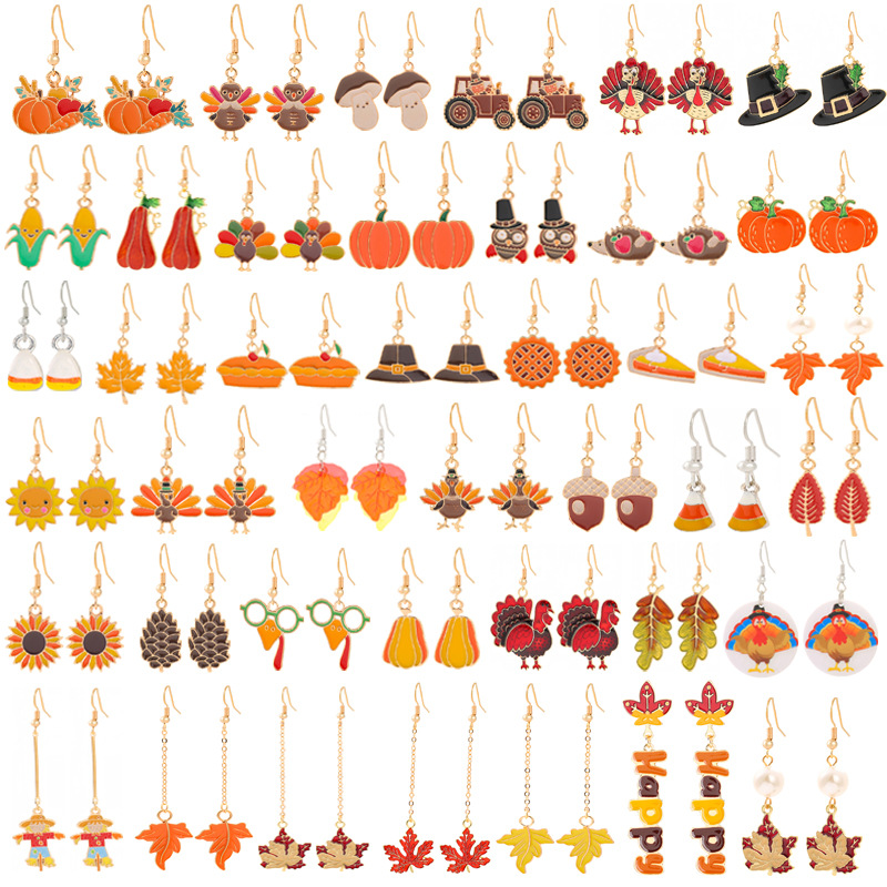 Amazon Autumn Thanksgiving Earrings Maple Leaf Turkey Pumpkin Sunflower Earrings New Alloy Oil Drop Earrings for Women