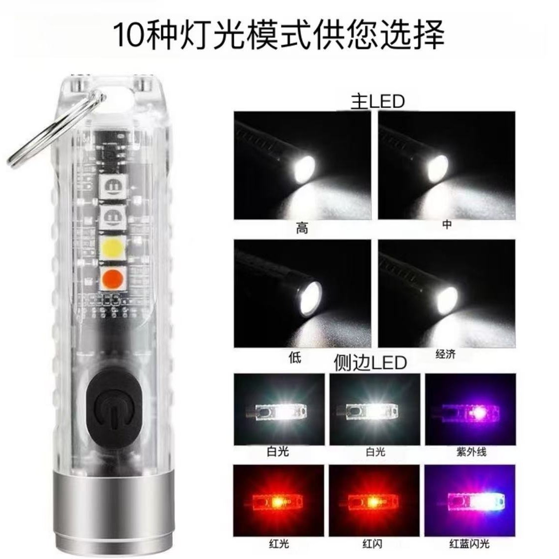 Cross-border Explosive LED Mini Keychain Flashlight Portable USB Fast Charge Outdoor Pocket Magnetic Warning Flashlight