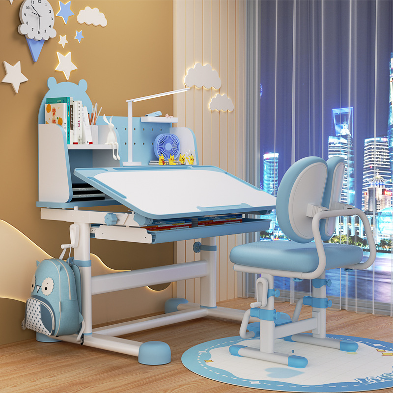 2024 New Cross-border Hand-Rocked Children's Learning Desk and Chair with Lamp Learning Writing Desk Sitting Posture Correction Desk and Chair suit