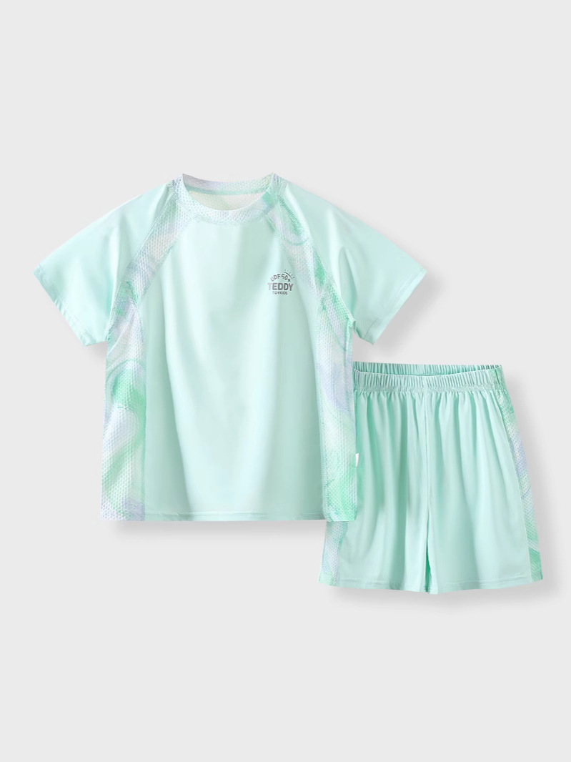 2025 Upf50+ Summer Sports Suit Kidsren's Korean Style Ice Silk Breathable Clothing Outdoor Short-Sleeved Shorts Two-Piece Set