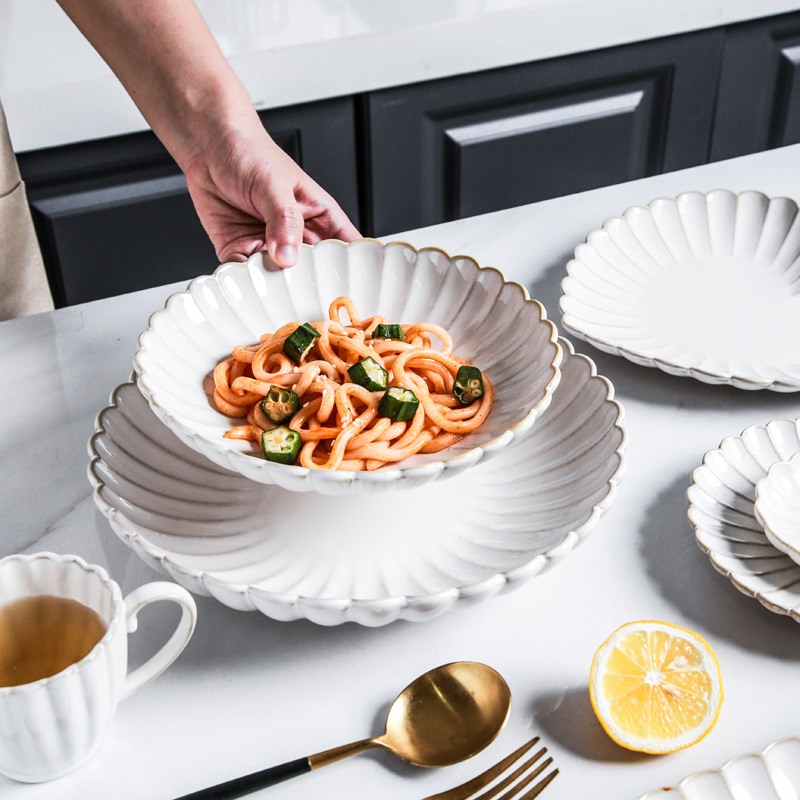 Japanese Household Kiln-Turned Ceramic Tableware Chrysanthemum Fish Plate Creative Dish Set Dinner Plate Ceramic Soup Bowl Plate Wholesale