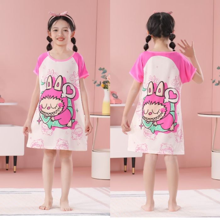2025 Children's Nightgown Summer Short-sleeved Girls Baby Thin Little Girl Cartoon Pajamas Big Children's Home Clothes Summer