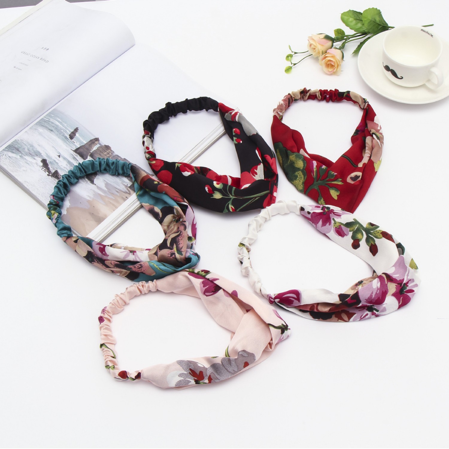 Spring and Summer Geranium Floral Fabric Chen Qiong's Same Style Cross Hairband Elastic Yoga Headband Updo Hat Ethnic Style