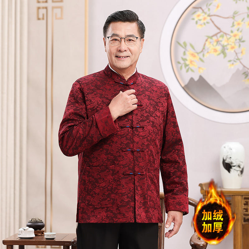 3220 Chinese style old coarse cloth Tang suit men's short-sleeved shirt for middle-aged and elderly people/with suit cotton fleece-lined