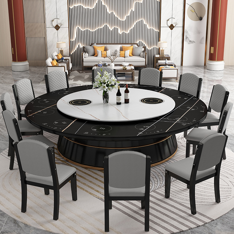 Slate Large Round Table Hot Pot Restaurant Table Hotel Commercial Electric Turntable Modern Simple Private Dining Table Restaurant Table and Chairs