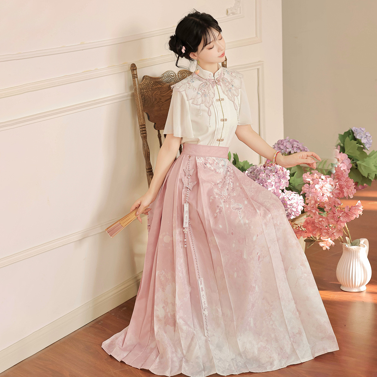 Original Design Falling Sakura Concentrated National Style Improved Han Yuansu Women's Cloud Shoulder Shirt overskirt suit 9198