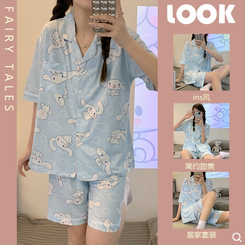 2024 New Summer Pajamas, Women's Short-Sleeved Shorts, Korean Style Loose, Can Be Worn Outside, Two-Piece Home Clothes, Drop Shipping