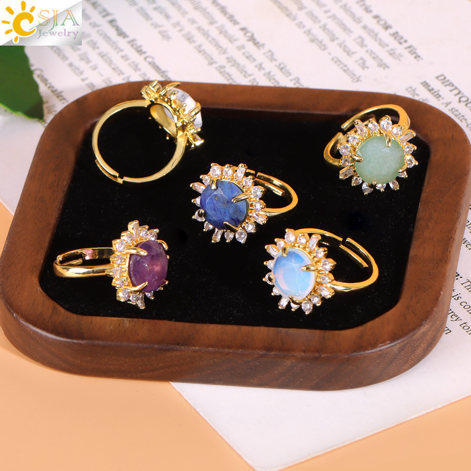 Fresh, Sweet and Fashionable Cross-Border Jewelry Wholesale Round Faceted Natural Crystal Stone Diamond Sunflower Ring for Women