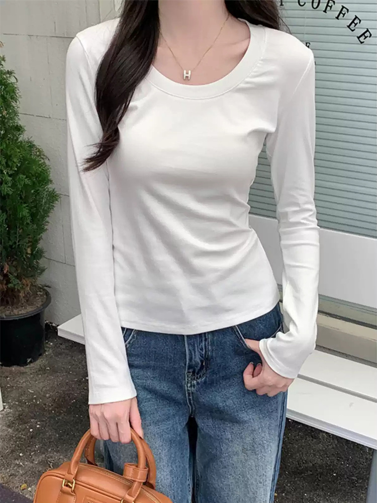 Shoulder Long Sleeve U-Neck T-Shirt Women's Autumn and Winter 2025 New Cotton Slim-Fit Low Crewneck Basic New Top