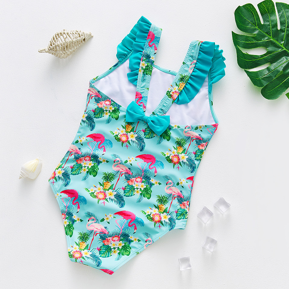 New Girls Swimsuit Flamingo Print Children's Swimsuit with Shoulder Straps and Ruffles All-In-One Swimsuit