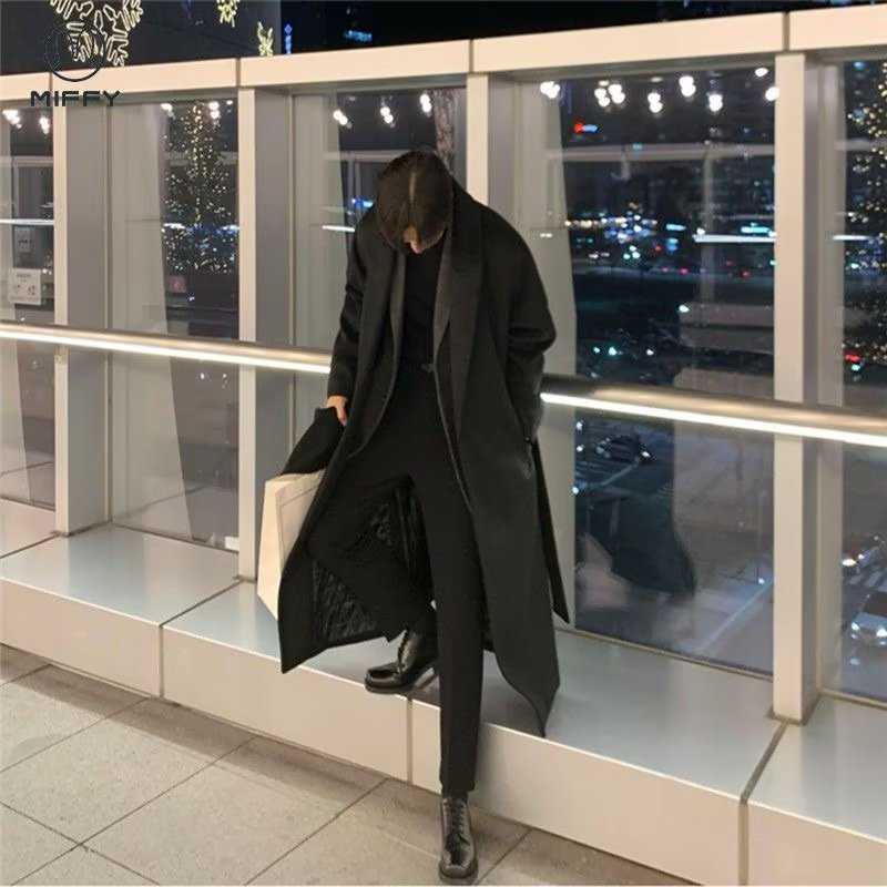 Korean Versatile Mid-length Windbreaker Men's Spring and Autumn Knee-length British Windwool Coat Loose Trendy Coat