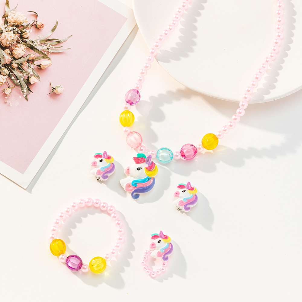 Children's Cartoon Unicorn Resin Necklace Bracelet Four-piece Set Ring Earrings Girls Flower Set Wholesale