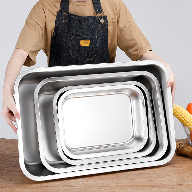 Stainless Steel Square Plate, Thickened Flat-Bottomed Square Basin, Rectangular Stainless Steel Basin, Cafeteria Buffet Basin, Stainless Steel Cat Litter Basin