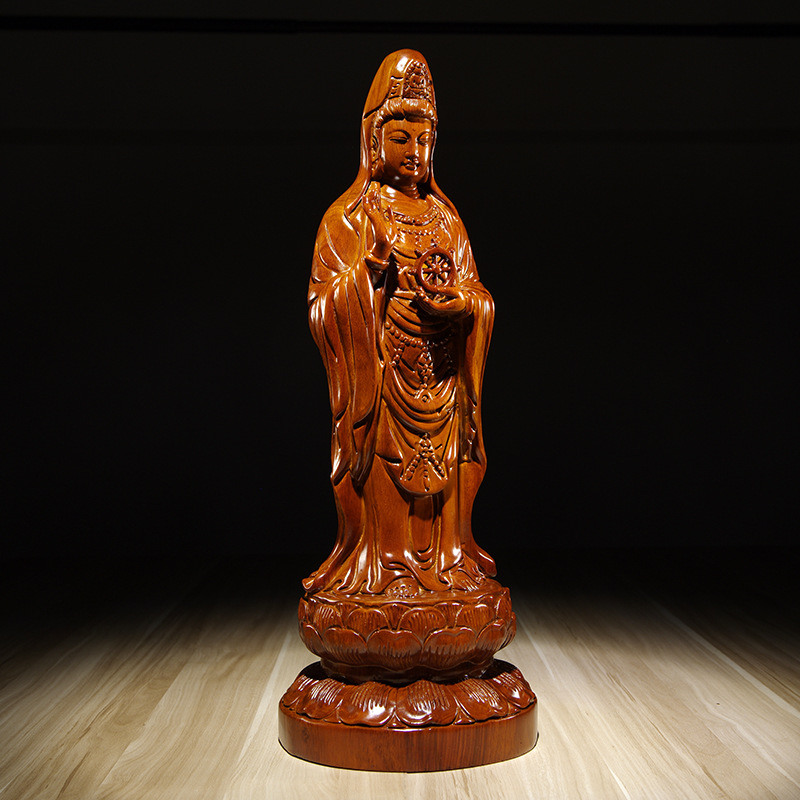 Huali Wood Carving Guanyin Bodhisattva Buddha Statues Decoration Falun Nanhai Guanyin Home Living Room Decorative Crafts