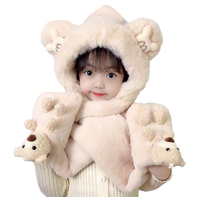 Parent-Child Bear Hat Scarf Integrated Children's Baby fleece-lined Thickened Cute Plush Scarf Gloves Three-Piece Set