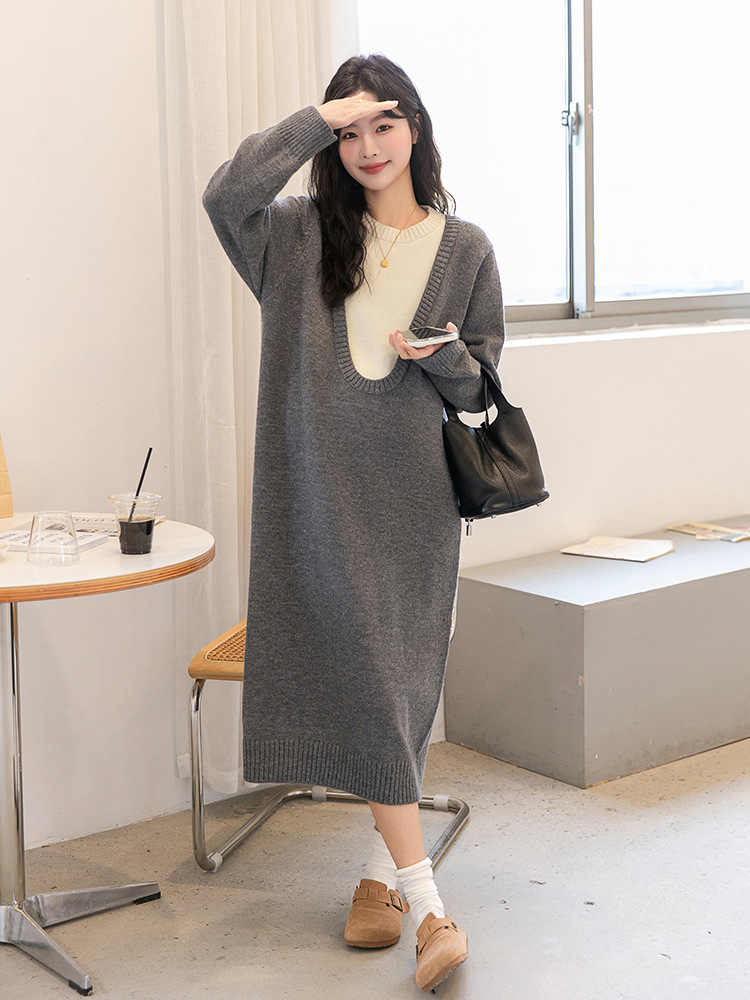 Осень и зима платье для беременных корейский стиль свободное платье с длинным свитером