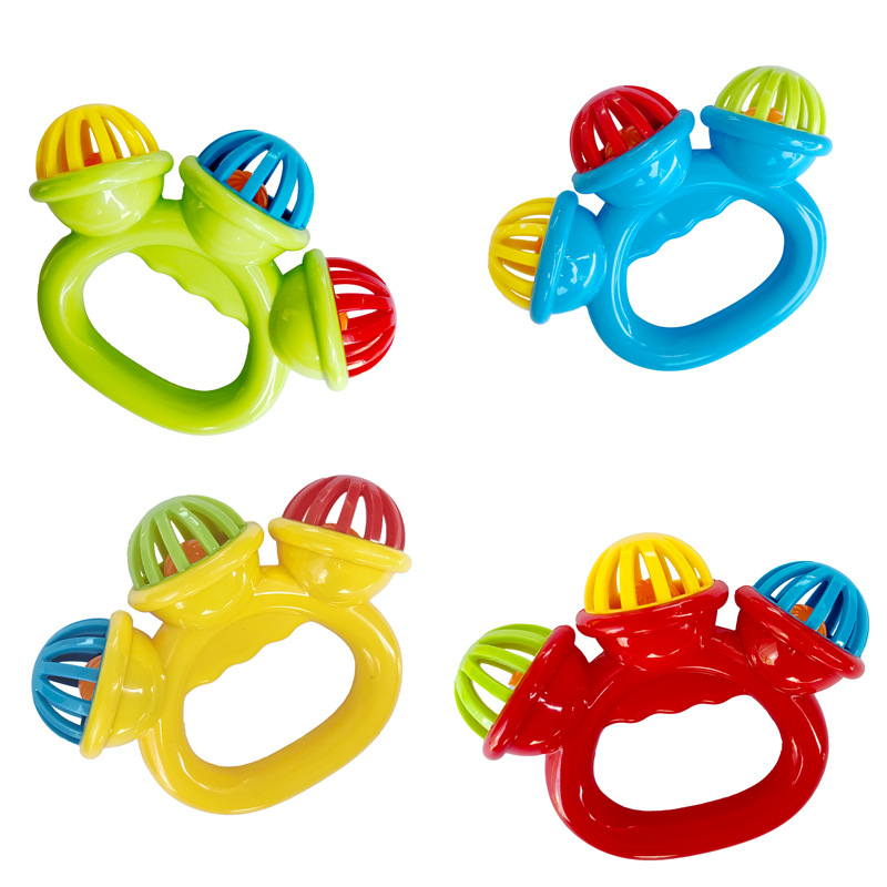Cross-border hot selling infant pacifying rattle 0-3 years old ring hand shake three bell color baby hand grip rattle