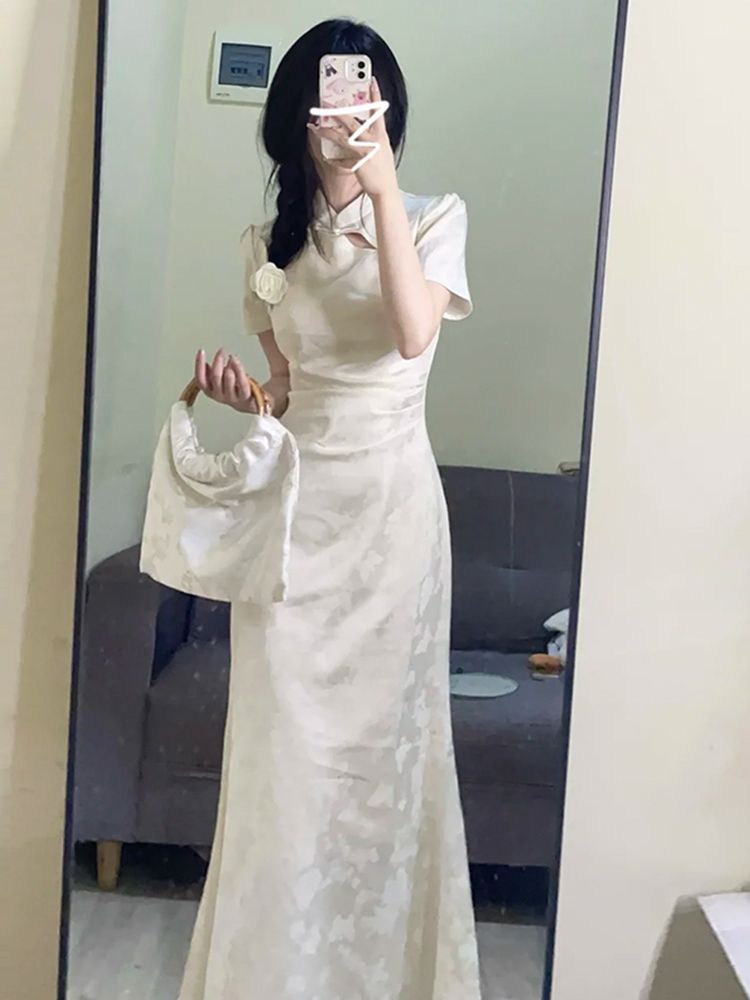 New Chinoiserie National Style Cheongsam Dress for Women Summer 2024 New Royal Sister Style Versatile Waist-Cinching Long Skirt