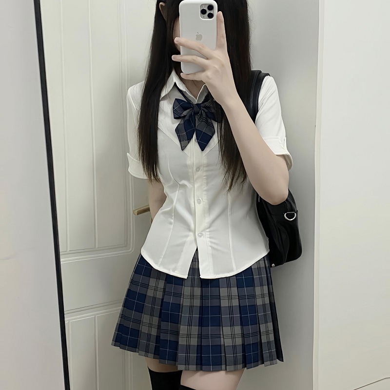 Summer Original Jk Uniform Waist White Shirt Women's Short-Sleeved Sexy Preppy Style Shirt Dog Short Plaid Skirt Suit Autumn