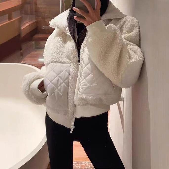 Alo Same Style 25 Autumn/Winter New Lamb Wool Short Coat Thickened Warm Stand Collar Zipper Jacket Cotton Coat