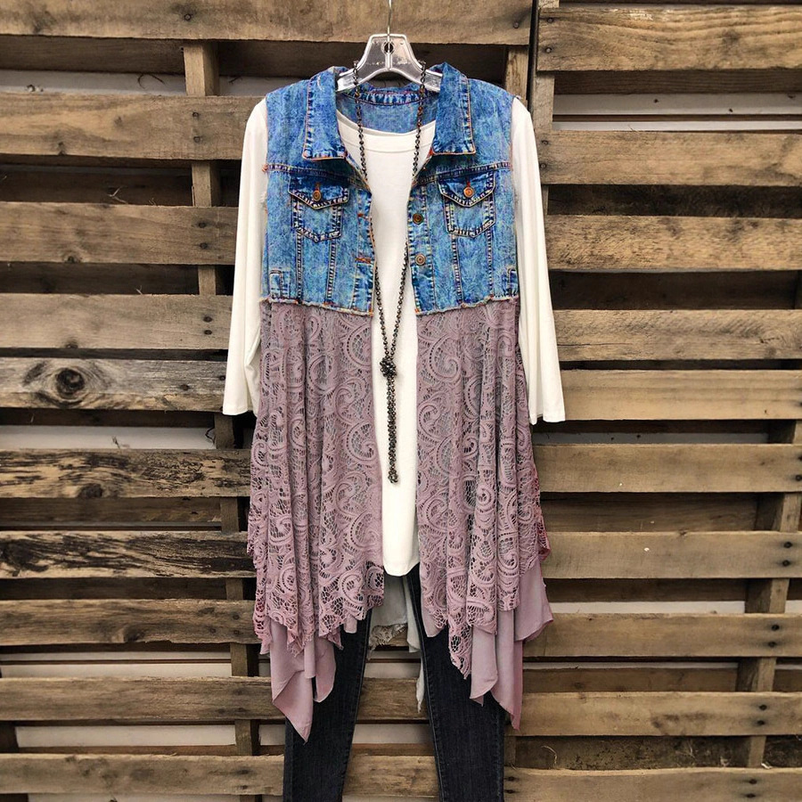 ins2021 Hot Selling European and American Women's Jacket Spring and Summer All-match Denim Vest + Lace Hem Stitching New Design