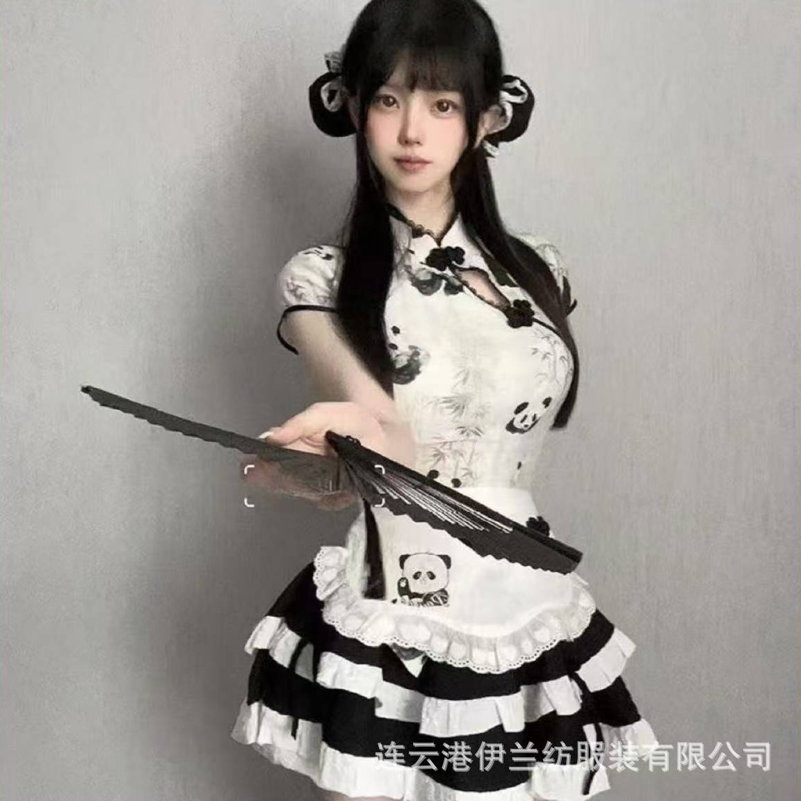 Милый топ с принтом панды в китайском стиле для девочек, юбка в стиле пышного торта с высокой талией, фартук для горничной