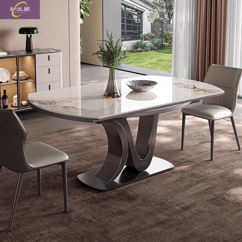 Telescopic folding rock plate dining table with induction cooker square and round dual-purpose designer household small apartment modern light luxury round table