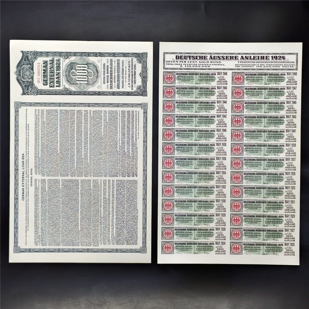 1924 German large-size vintage souvenir fluorescent coupons non-circulating a set of foreign trade commemorative banknotes