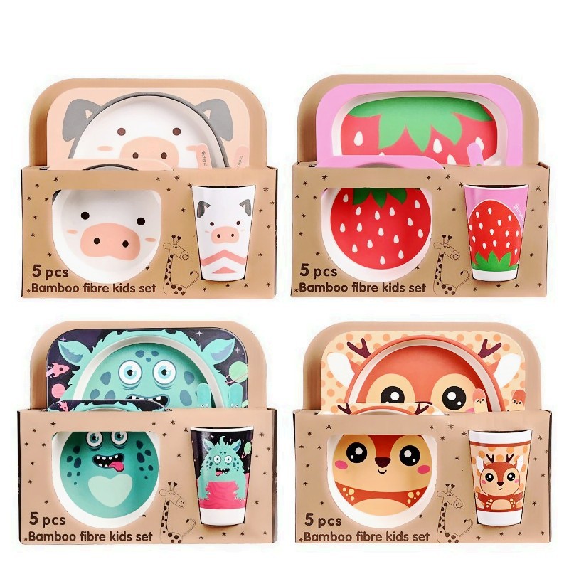 Bamboo fiber children's tableware suit creative cartoon bowl compartment dinner plate spoon fork cup five-piece gift tableware