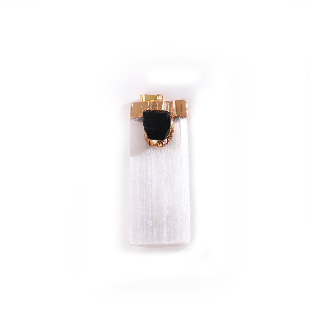 Cross-border natural white gypsum inlaid Black Tourmaline pendant electroplated square raw stone necklace European and American diy jewelry ornaments