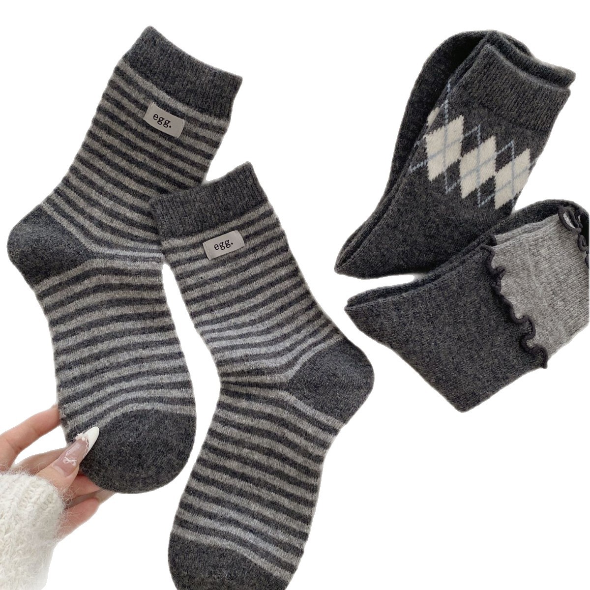 Autumn and Winter Thickened Warm Gray Bow Wool Socks for Women, Korean Style Striped Egg Label Seamless Mid-Calf Socks