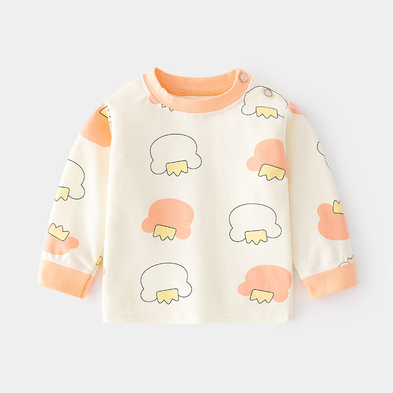 Baby's Autumn Clothes Baby Cotton Printed Vintage Cotton Cartoon Children's Spring and Autumn Underwear Base Children's Shoulder Open T-Shirt