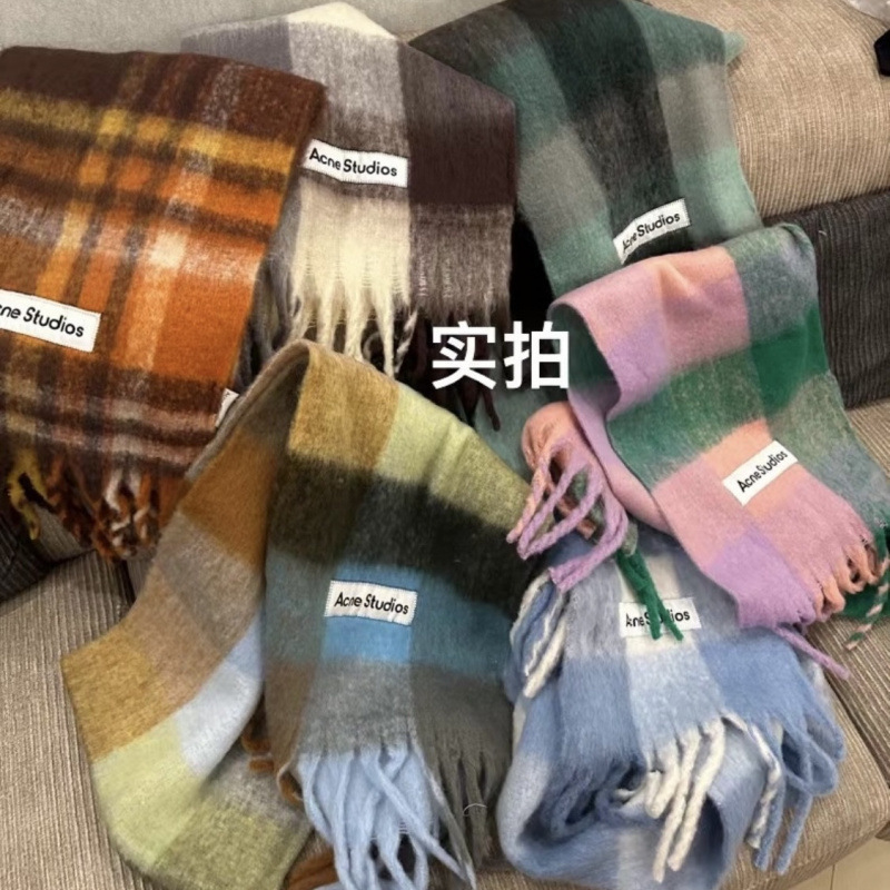 Autumn and Winter New Thickened Warm Rainbow-Colored Plaid Scarf European and American Loop Yarn Thick Tassel Color-Blocking Shawl