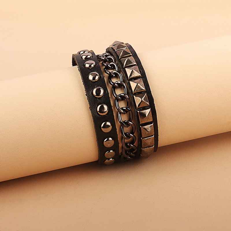 European and American cross-border punk Gothic personality asymmetric chain leather bracelet square round rivet multi-layer bracelet bracelet