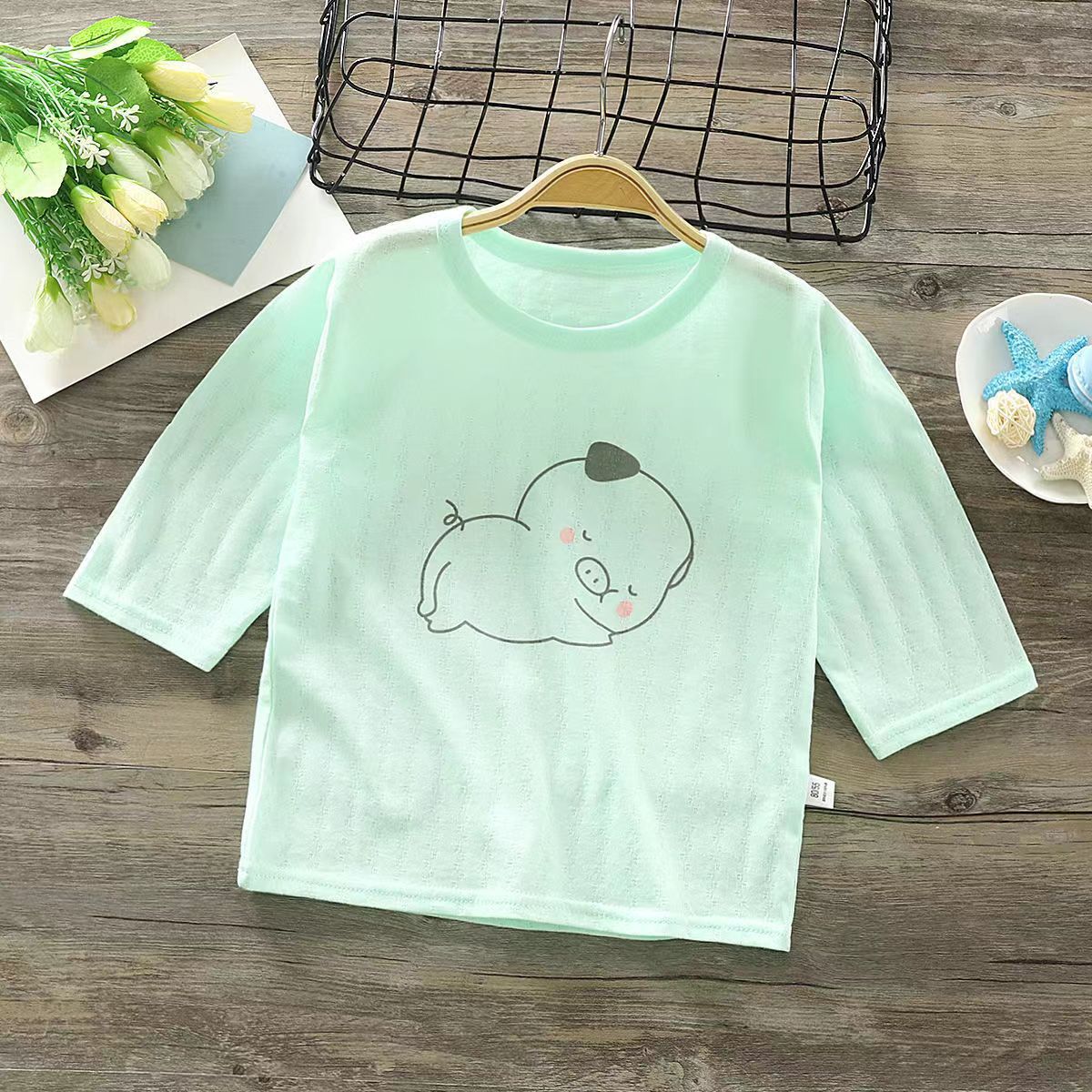 Infant thin top summer clothes pure cotton underwear baby pajamas ninth sleeve air conditioning clothes spring and autumn boys and girls