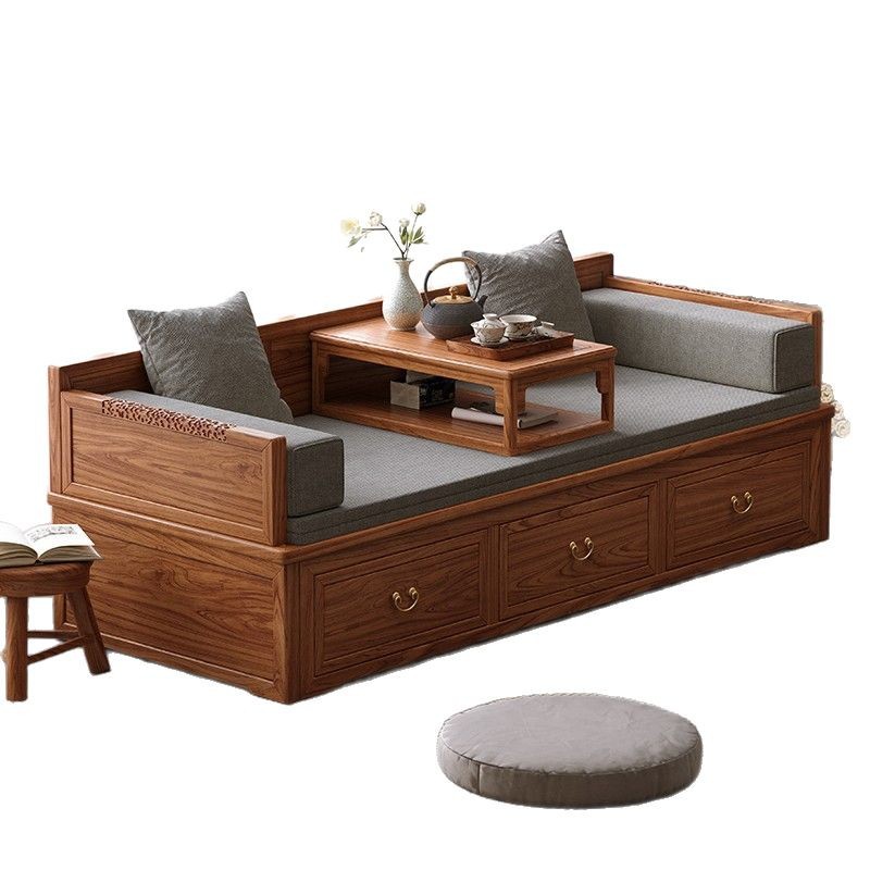 New solid wood sofa bed old elm winter and summer dual-use foldable retractable with drawer integrated multifunctional Luohan bed