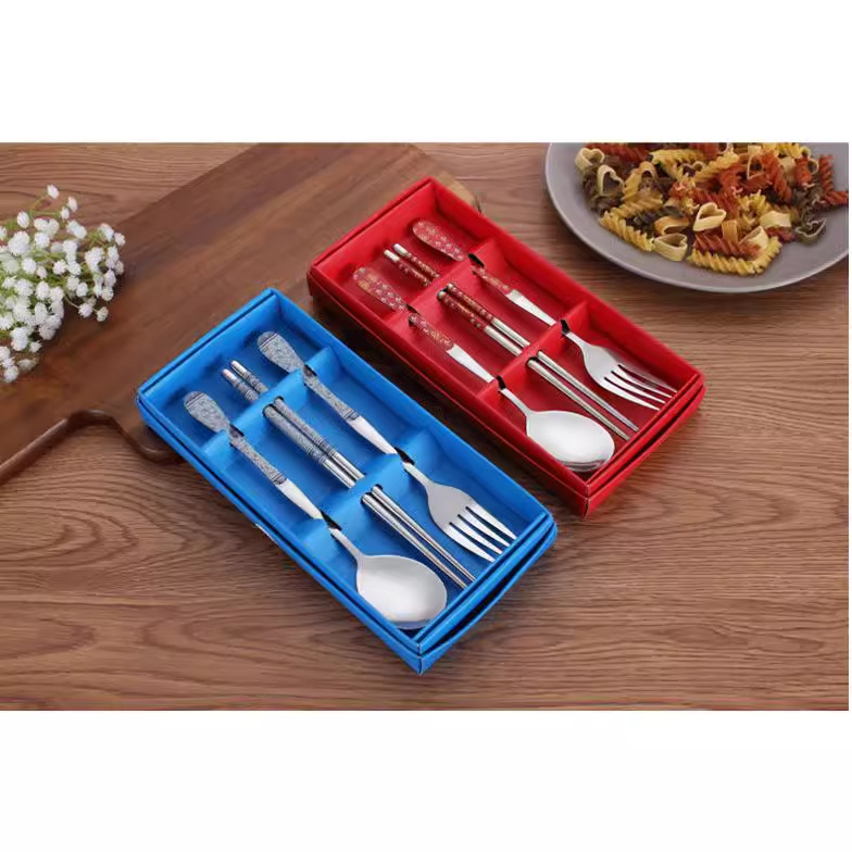 Cross-Border Blue and White Porcelain Stainless Steel Tableware Event Gift Three-Piece Set of Chopsticks, Spoon and Fork Set Factory Direct Supply Portable